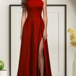 Kadın Kolsuz Halter Yaka Derin Yırtmaç Detaylı Tam Boy Ithal Krep Elbise, 31259