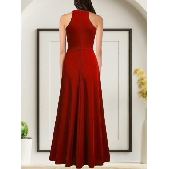 Kadın Kolsuz Halter Yaka Derin Yırtmaç Detaylı Tam Boy Ithal Krep Elbise, 31259