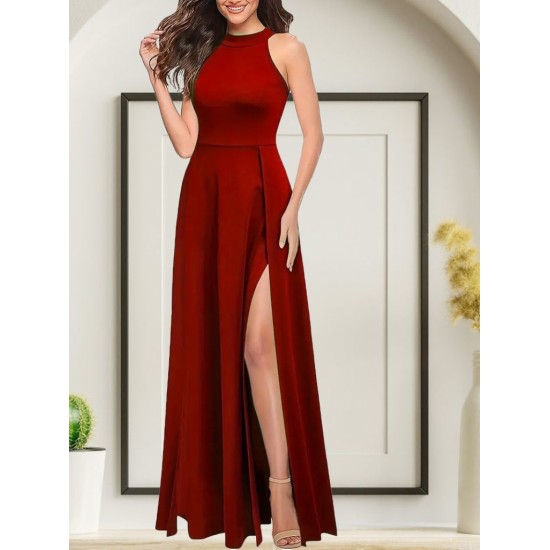 Kadın Kolsuz Halter Yaka Derin Yırtmaç Detaylı Tam Boy Ithal Krep Elbise, 31259