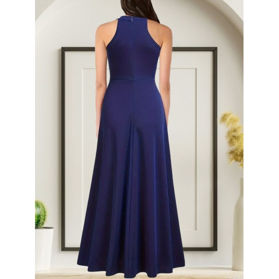 Kadın Kolsuz Halter Yaka Derin Yırtmaç Detaylı Tam Boy Ithal Krep Elbise, 31258