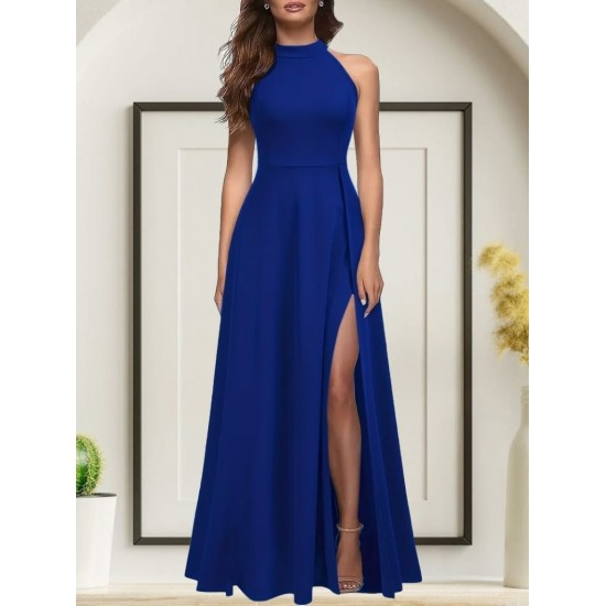 Kadın Kolsuz Halter Yaka Derin Yırtmaç Detaylı Tam Boy Ithal Krep Elbise, 31258