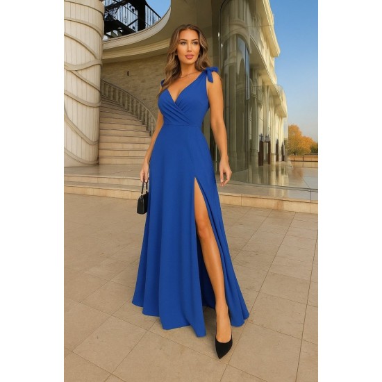 Kadın Askılı Omuzdan Bağlamalı Kruvaze Yakalı Uzun Yırtmaçlı Janjan Krep Elbise , 31253