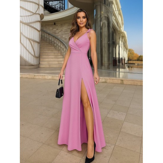 Kadın Askılı Omuzdan Bağlamalı Kruvaze Yakalı Uzun Yırtmaçlı Janjan Krep Elbise , 31252