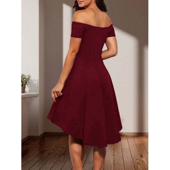 Kadın Kısa Kollu Madonna Yaka önü Kısa Arkası Uzun Ithal Krep Elbise, 31251