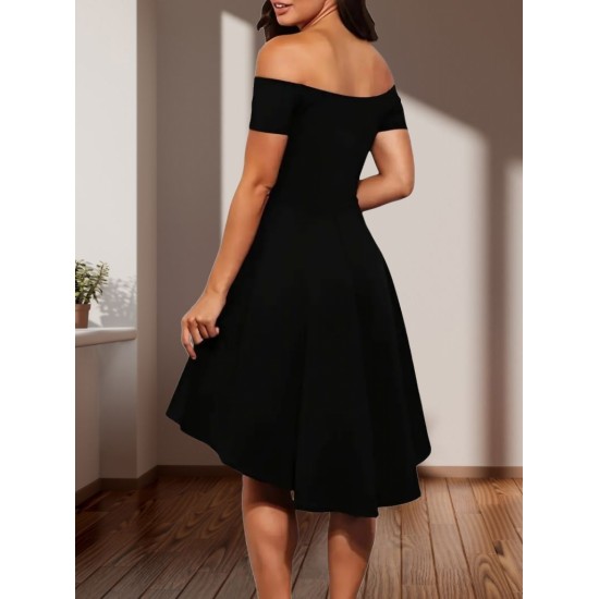 Kadın Kısa Kollu Madonna Yaka önü Kısa Arkası Uzun Ithal Krep Elbise, 31250