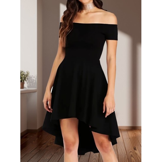 Kadın Kısa Kollu Madonna Yaka önü Kısa Arkası Uzun Ithal Krep Elbise, 31250