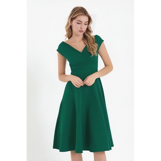 Kadın Kısa Kollu Kruvaze Yaka Eteği Volanlı Krep Elbise, 31249