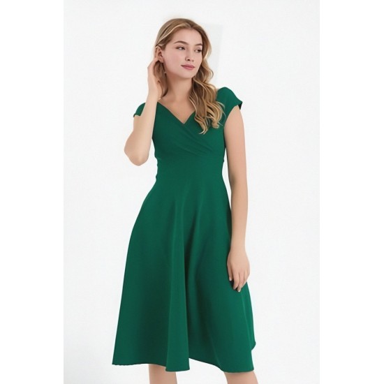 Kadın Kısa Kollu Kruvaze Yaka Eteği Volanlı Krep Elbise, 31249