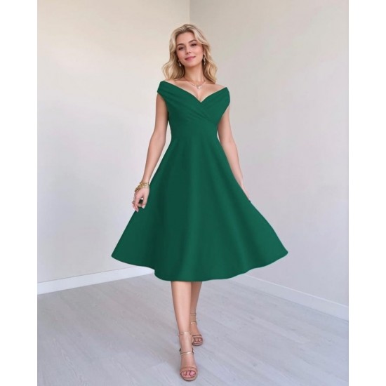 Kadın Kısa Kollu Kruvaze Yaka Eteği Volanlı Krep Elbise, 31249