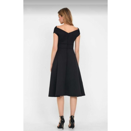 Düşük Omuz Eteği Pileli Krep Midi Boy Elbise, 31247