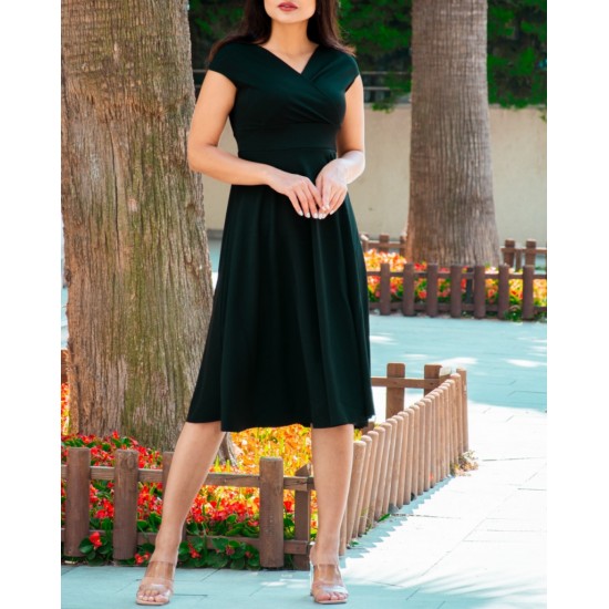 Düşük Omuz Eteği Pileli Krep Midi Boy Elbise, 31247