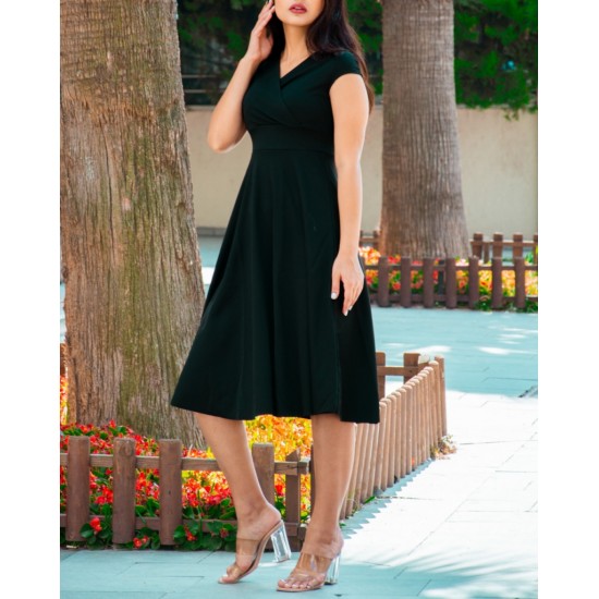 Düşük Omuz Eteği Pileli Krep Midi Boy Elbise, 31247