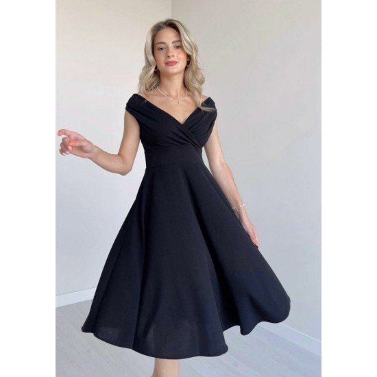 Düşük Omuz Eteği Pileli Krep Midi Boy Elbise, 31247