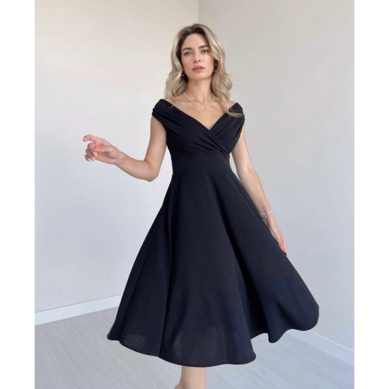 Düşük Omuz Eteği Pileli Krep Midi Boy Elbise, 31247