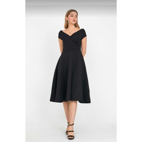 Düşük Omuz Eteği Pileli Krep Midi Boy Elbise, 31247