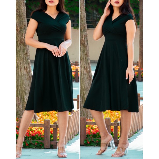 Düşük Omuz Eteği Pileli Krep Midi Boy Elbise, 31247