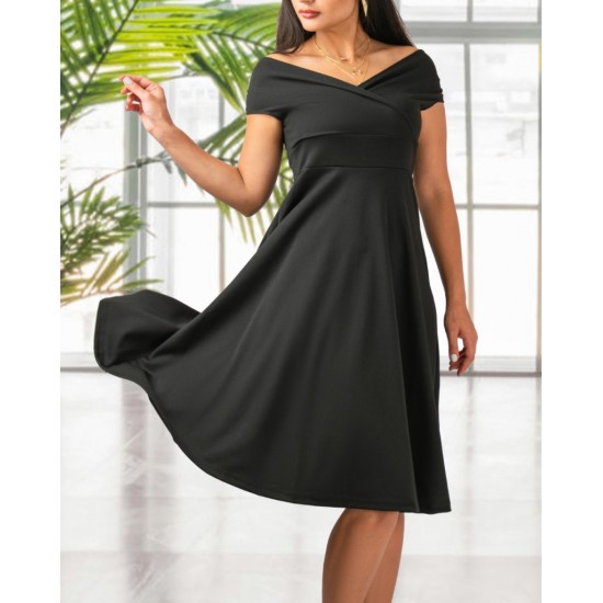 Düşük Omuz Eteği Pileli Krep Midi Boy Elbise, 31247