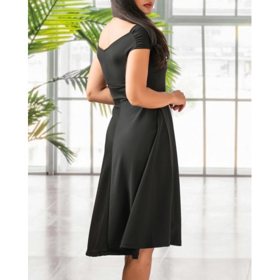 Düşük Omuz Eteği Pileli Krep Midi Boy Elbise, 31247