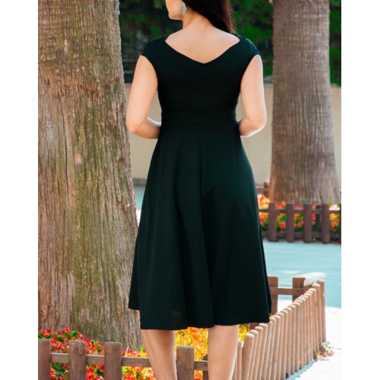 Düşük Omuz Eteği Pileli Krep Midi Boy Elbise, 31247