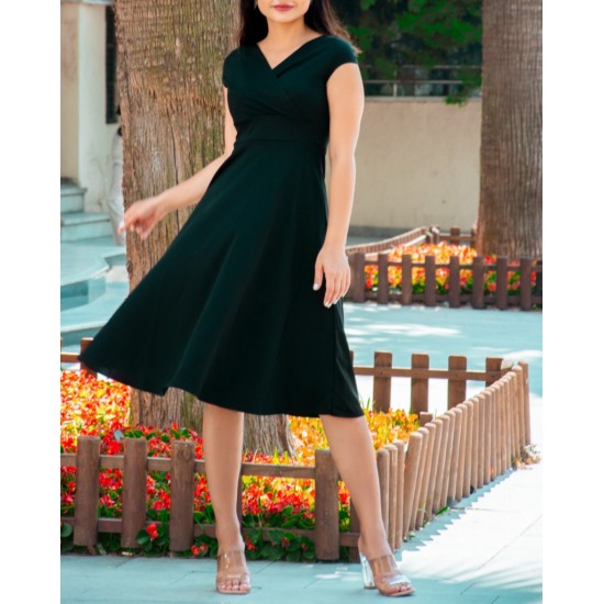 Düşük Omuz Eteği Pileli Krep Midi Boy Elbise, 31247