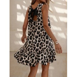 Kadın Kolsuz Sırttan Bağlamalı Fırfırlı Leopar Desenli Süprem Elbise , 31246