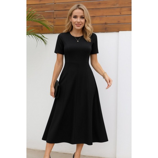 Kadın Kısa Kollu Bisiklet Yaka Maksi Boy Ithal Krep Elbise , 31243