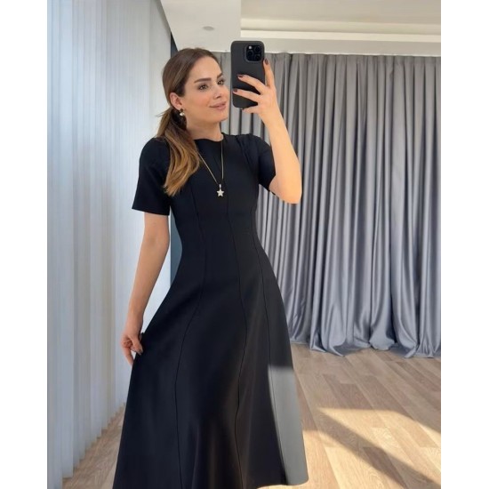 Kadın Kısa Kollu Bisiklet Yaka Maksi Boy Ithal Krep Elbise , 31243