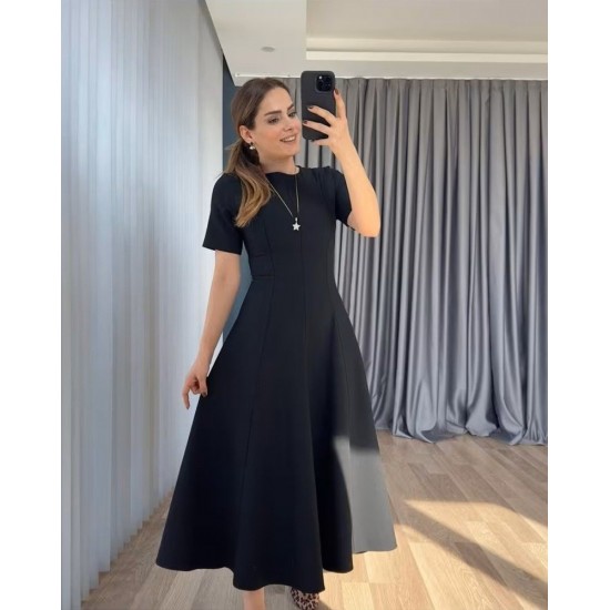 Kadın Kısa Kollu Bisiklet Yaka Maksi Boy Ithal Krep Elbise , 31243