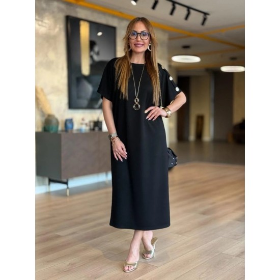 Kadın Kısa Kollu Bisiklet Yaka Omuzdan Düğmeli Uzun Viskon Iki Iplik Elbise, 31242