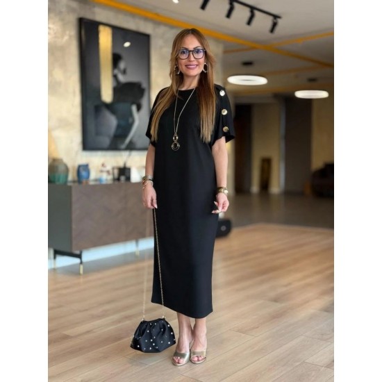 Kadın Kısa Kollu Bisiklet Yaka Omuzdan Düğmeli Uzun Viskon Iki Iplik Elbise, 31242