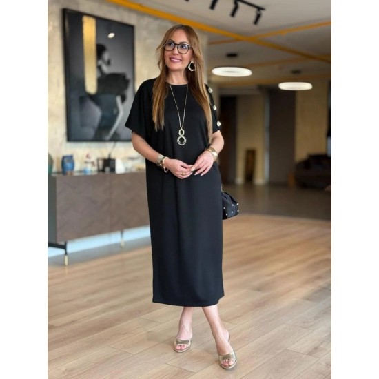 Kadın Kısa Kollu Bisiklet Yaka Omuzdan Düğmeli Uzun Viskon Iki Iplik Elbise, 31242