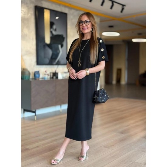 Kadın Kısa Kollu Bisiklet Yaka Omuzdan Düğmeli Uzun Viskon Iki Iplik Elbise, 31242