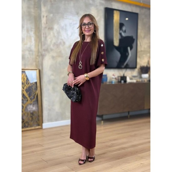 Kadın Kısa Kollu Bisiklet Yaka Omuzdan Düğmeli Uzun Viskon Iki Iplik Elbise, 31240