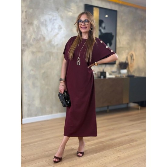 Kadın Kısa Kollu Bisiklet Yaka Omuzdan Düğmeli Uzun Viskon Iki Iplik Elbise, 31240