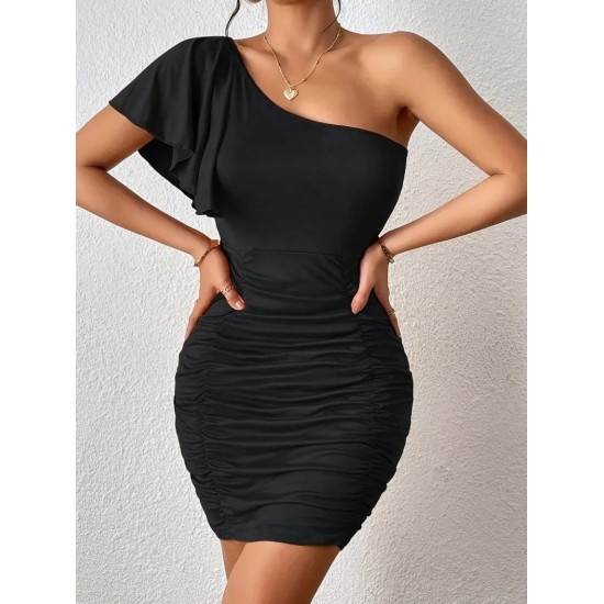 Kadın Tek Omuzu Açık Asimetrik Yaka Detaylı Büzgülü Sandy Elbise , 31239