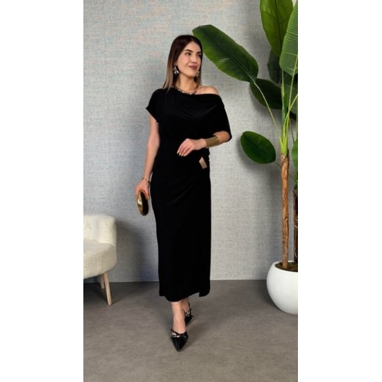 Kadın Kısa Kollu Tek Omuzdan Açık Beli Lastikli Sandy Maxi Elbise , 31238