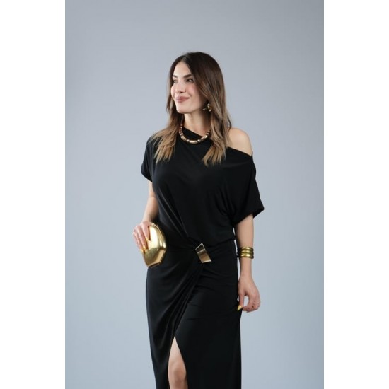 Kadın Kısa Kollu Tek Omuzdan Açık Beli Lastikli Sandy Maxi Elbise , 31238