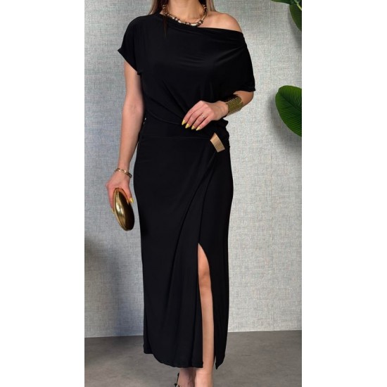 Kadın Kısa Kollu Tek Omuzdan Açık Beli Lastikli Sandy Maxi Elbise , 31238