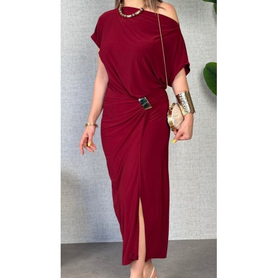 Kadın Kısa Kollu Tek Omuzdan Açık Beli Lastikli Sandy Maxi Elbise , 31237