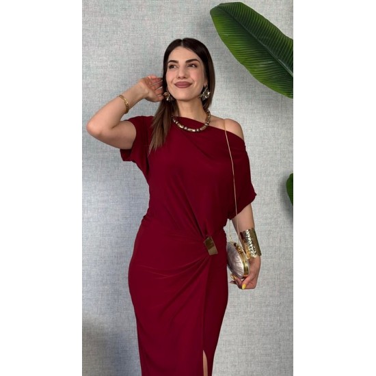 Kadın Kısa Kollu Tek Omuzdan Açık Beli Lastikli Sandy Maxi Elbise , 31237