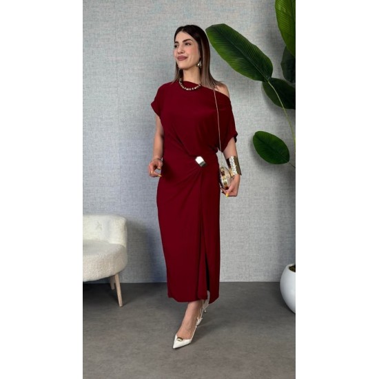 Kadın Kısa Kollu Tek Omuzdan Açık Beli Lastikli Sandy Maxi Elbise , 31237
