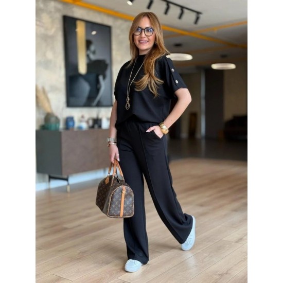 Kadın Kısa Kollu Bisiklet Yaka Omuzdan Düğmeli Viskon Iki Iplik Kısa Bluz Ve Pantolon Ikili Takım , 31236