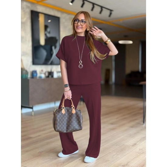 Kadın Kısa Kollu Bisiklet Yaka Omuzdan Düğmeli Viskon Iki Iplik Kısa Bluz Ve Pantolon Ikili Takım , 31235