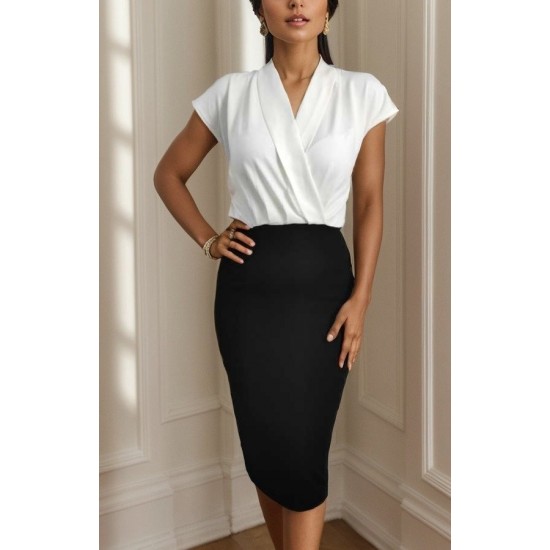 Kadın Kısa Kollu Kruvaze Yaka Krep Elbise (Kemersiz), 31233