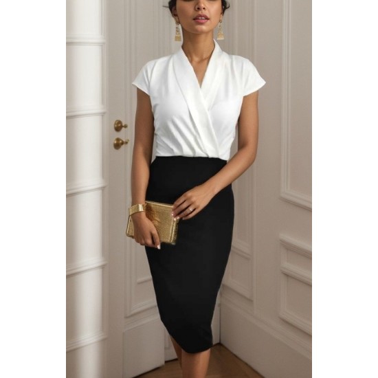 Kadın Kısa Kollu Kruvaze Yaka Krep Elbise (Kemersiz), 31233