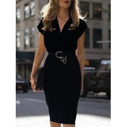 Kadın Kısa Kollu Kruvaze Yaka Krep Elbise (Kemersiz), 31231