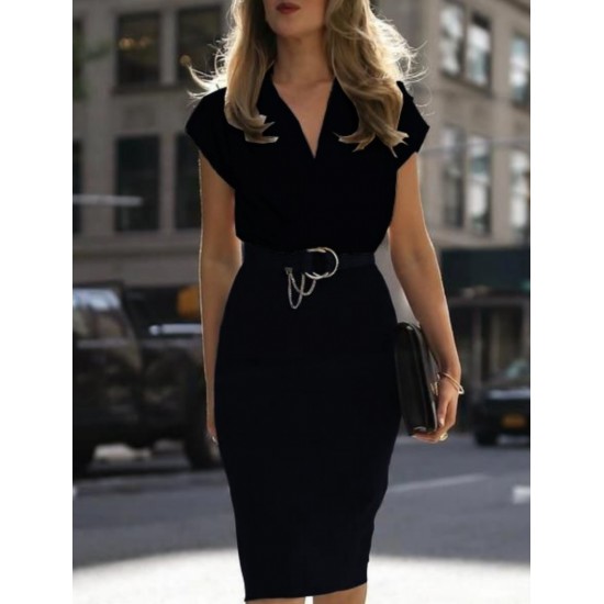 Kadın Kısa Kollu Kruvaze Yaka Krep Elbise (Kemersiz), 31231 Kadın Kısa Kollu Kruvaze Yaka Krep Elbise (Kemersiz), 31231