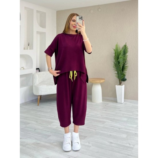 Kadın Kısa Kollu Bisiklet Yaka Viskon Iki Iplik Bluz Ve Pantolon Ikili Takım , 31229