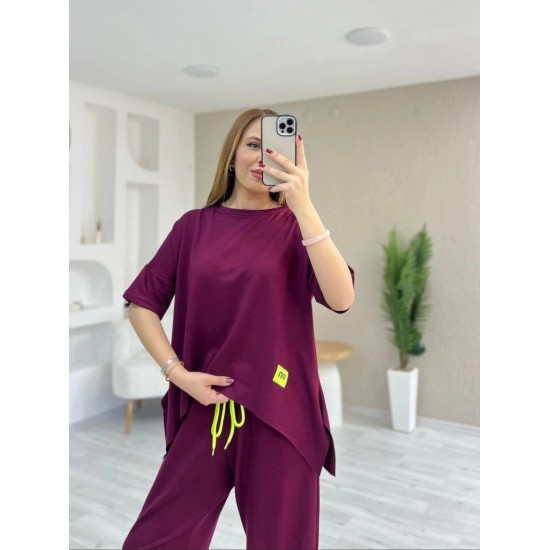 Kadın Kısa Kollu Bisiklet Yaka Viskon Iki Iplik Bluz Ve Pantolon Ikili Takım , 31229