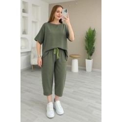 Kadın Kısa Kollu Bisiklet Yaka Viskon Iki Iplik Bluz Ve Pantolon Ikili Takım , 31228